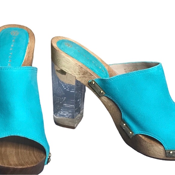 TRINA TURK Turquoise Suede Lucite Block Heel Wood Platform Mule Sandal 8.5 - Picture 5 of 10
